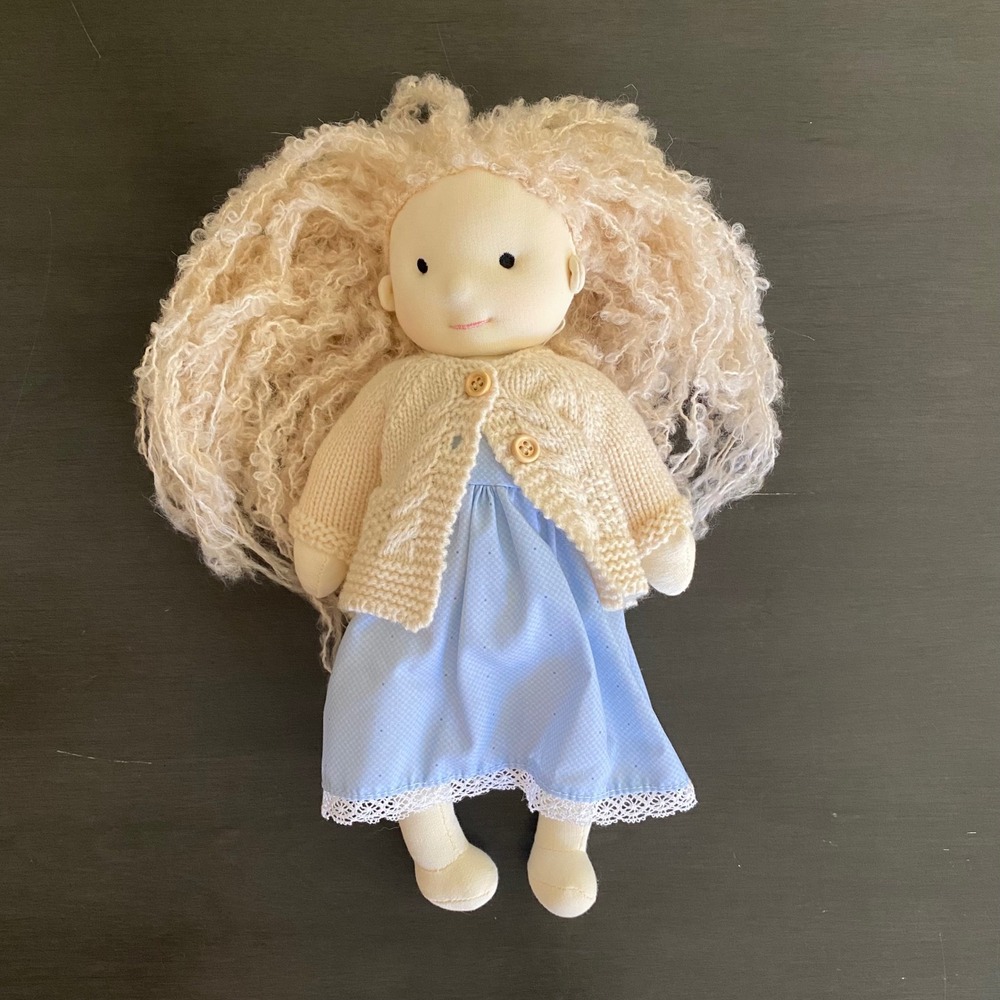 Handmade Waldorf Style Rag Doll Blonde Curly Hair Blue Dress Knit Cardigan 12in
